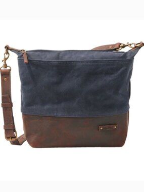 LL BEAN LEATHER/WAXED NAVY COTTON DISTRESSED SHOULDER/CROSSBODY BAG